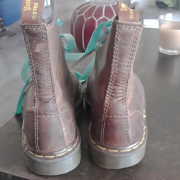 Final. Dr. Martens Brown Leather Boots with Blue Laces - Picture 3 of 7